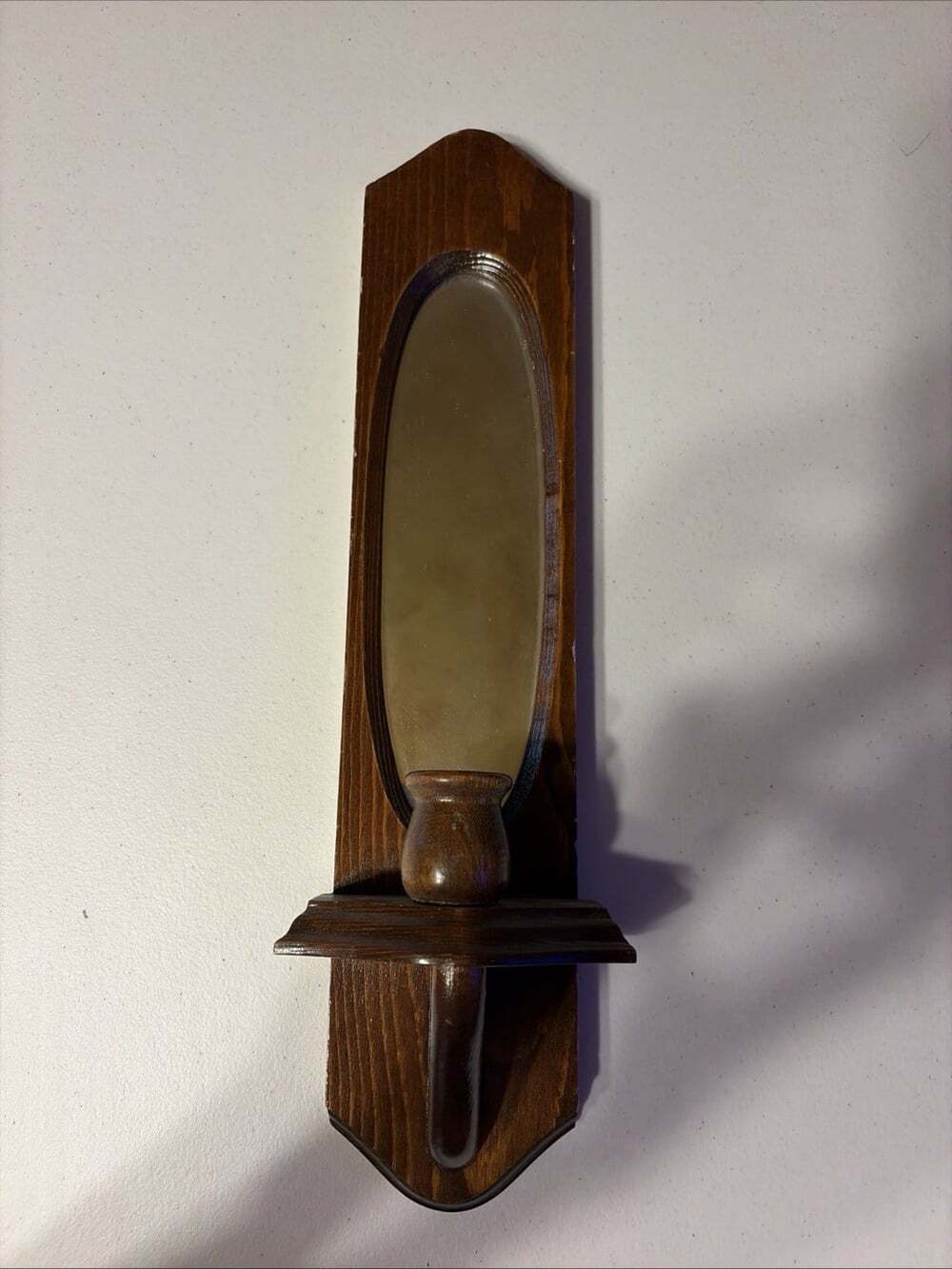 Vintage Mid-Century Oval Wood Framed Wall Mirror, Brown, With Shelf